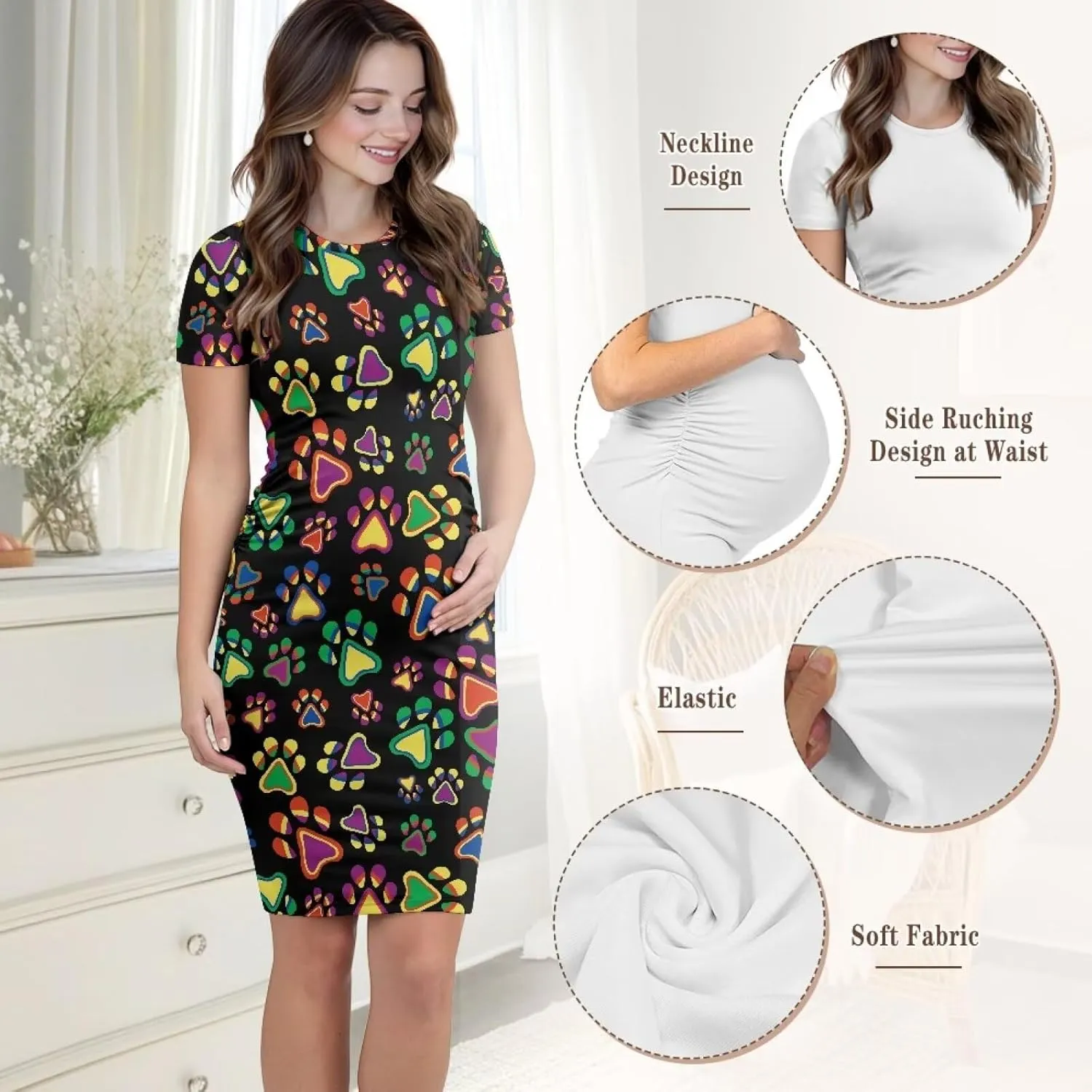 Women's Maternity Pregnancy Dress Casual Ruched Maternity Dress Stretch Slim Fit Lounge Pregnancy Dress
