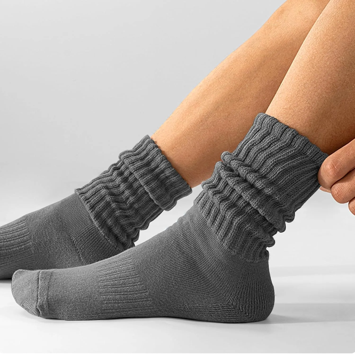 Women's Scrunch Crew Socks Retro 3-Pack Solid Cotton Boot Calf Socks Chunky Ribbed Cozy Slouchy Socks Size 5-11