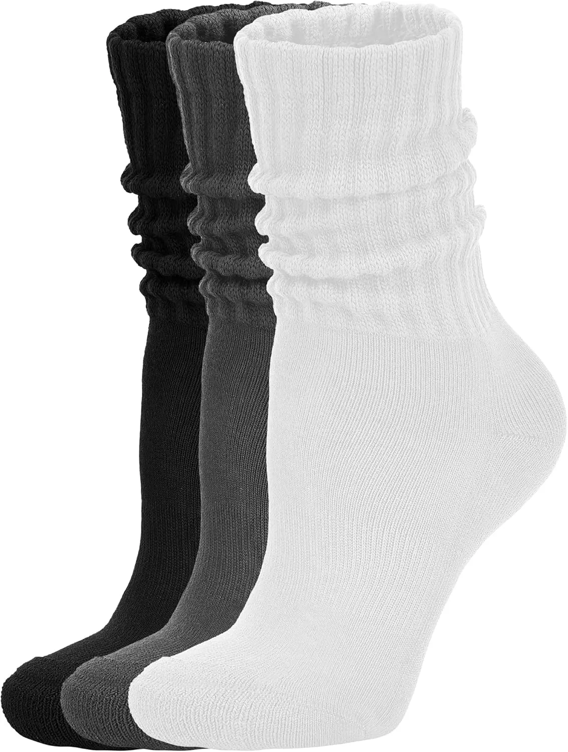 Women's Scrunch Crew Socks Retro 3-Pack Solid Cotton Boot Calf Socks Chunky Ribbed Cozy Slouchy Socks Size 5-11