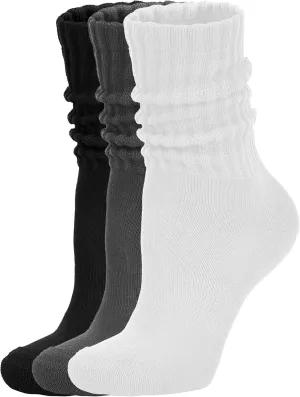 Women's Scrunch Crew Socks Retro 3-Pack Solid Cotton Boot Calf Socks Chunky Ribbed Cozy Slouchy Socks Size 5-11