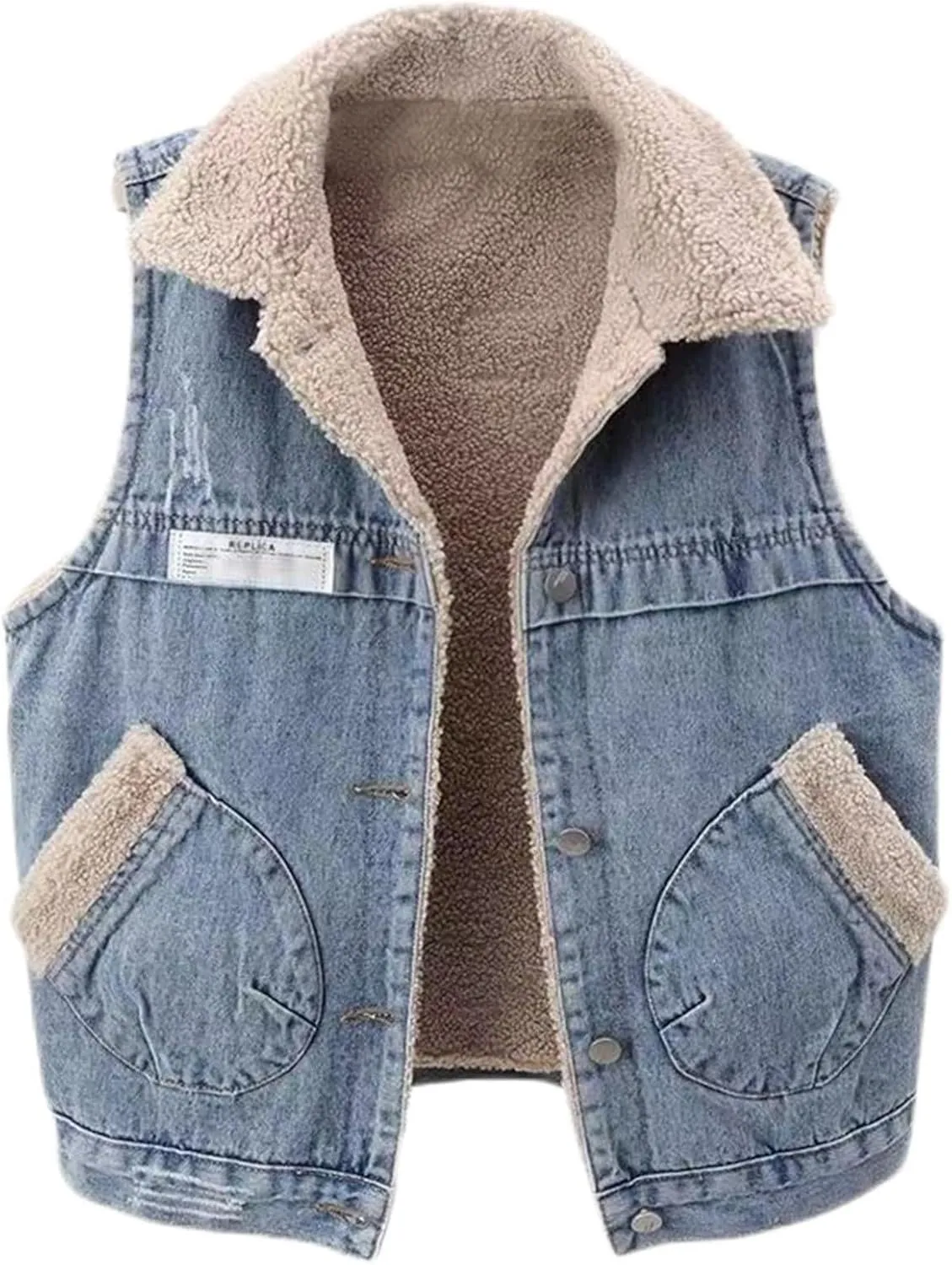 Women's Sherpa Fleece Lined Denim Vest Classic Sleeveless Lapel Collar Jean Vest Jacket Button Up Coat With Pockets