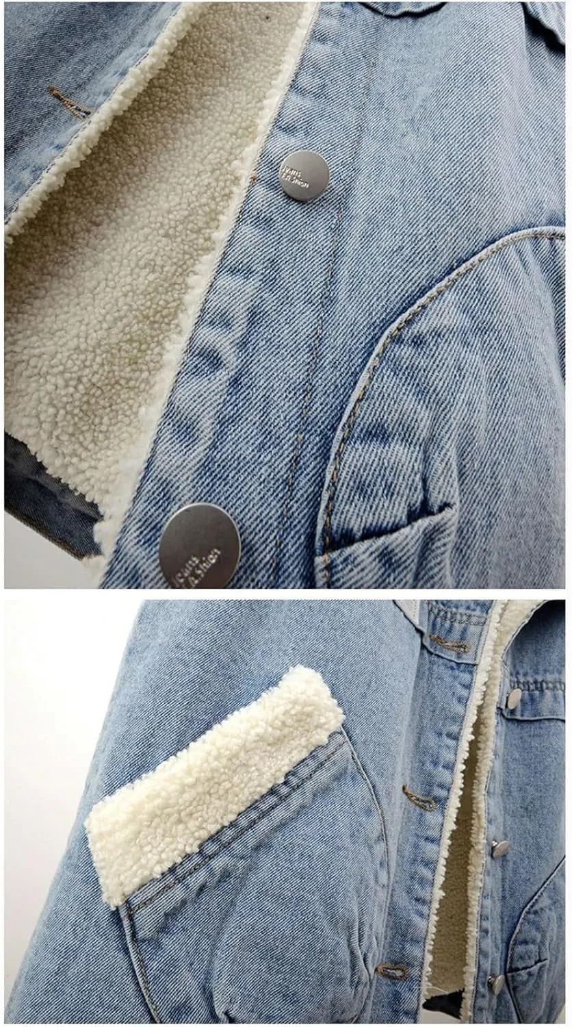 Women's Sherpa Fleece Lined Denim Vest Classic Sleeveless Lapel Collar Jean Vest Jacket Button Up Coat With Pockets