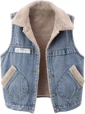 Women's Sherpa Fleece Lined Denim Vest Classic Sleeveless Lapel Collar Jean Vest Jacket Button Up Coat With Pockets