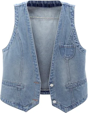 Women's Sleeveless Denim Vest Y2K V Neck Button Down Jean Tank Tops Waistcoat Casual Loose Jackets with Pockets