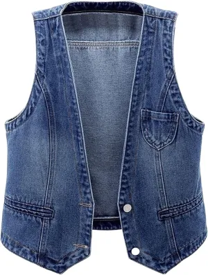 Women's Sleeveless Denim Vest Y2K V Neck Button Down Jean Tank Tops Waistcoat Casual Loose Jackets with Pockets