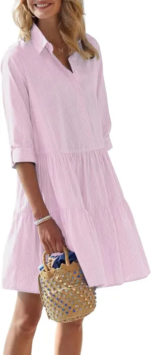 Women's Striped Button Down Shirt Dress Cute Babydoll Dress Tiered Beach Mini Tunic Dress