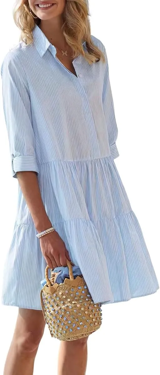 Women's Striped Button Down Shirt Dress Cute Babydoll Dress Tiered Beach Mini Tunic Dress