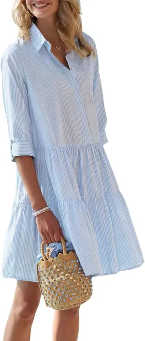 Women's Striped Button Down Shirt Dress Cute Babydoll Dress Tiered Beach Mini Tunic Dress