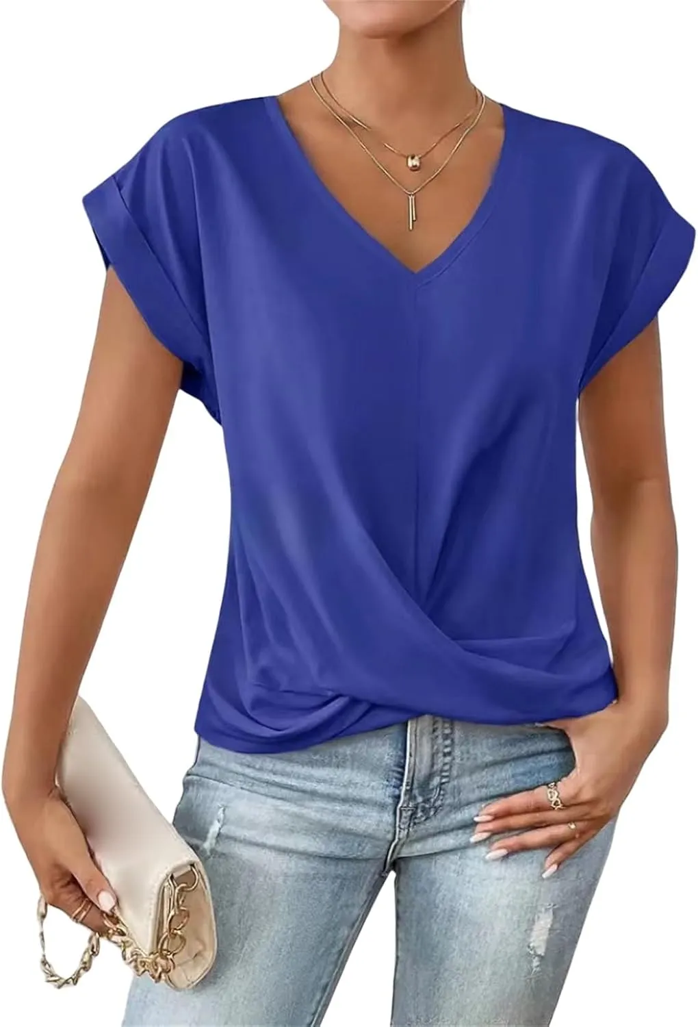 Womens Summer Tops Twist Front Short Sleeve Shirt V Neck Tees Tops Solid Casual Loose Tee Shirts Dolman Sleeve Shirts