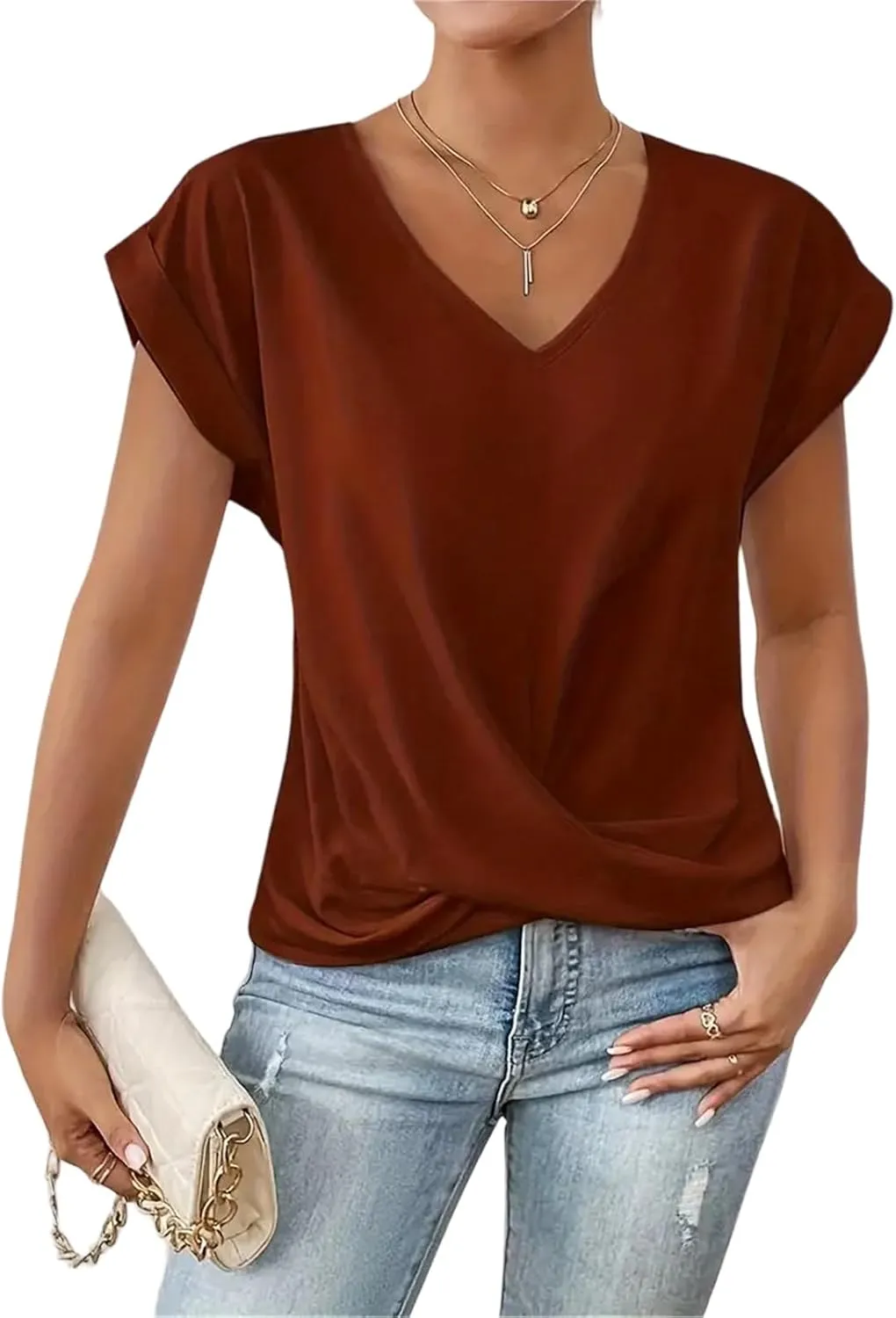 Womens Summer Tops Twist Front Short Sleeve Shirt V Neck Tees Tops Solid Casual Loose Tee Shirts Dolman Sleeve Shirts