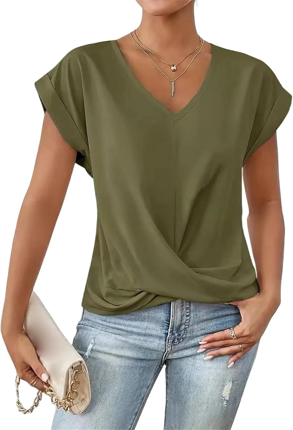 Womens Summer Tops Twist Front Short Sleeve Shirt V Neck Tees Tops Solid Casual Loose Tee Shirts Dolman Sleeve Shirts