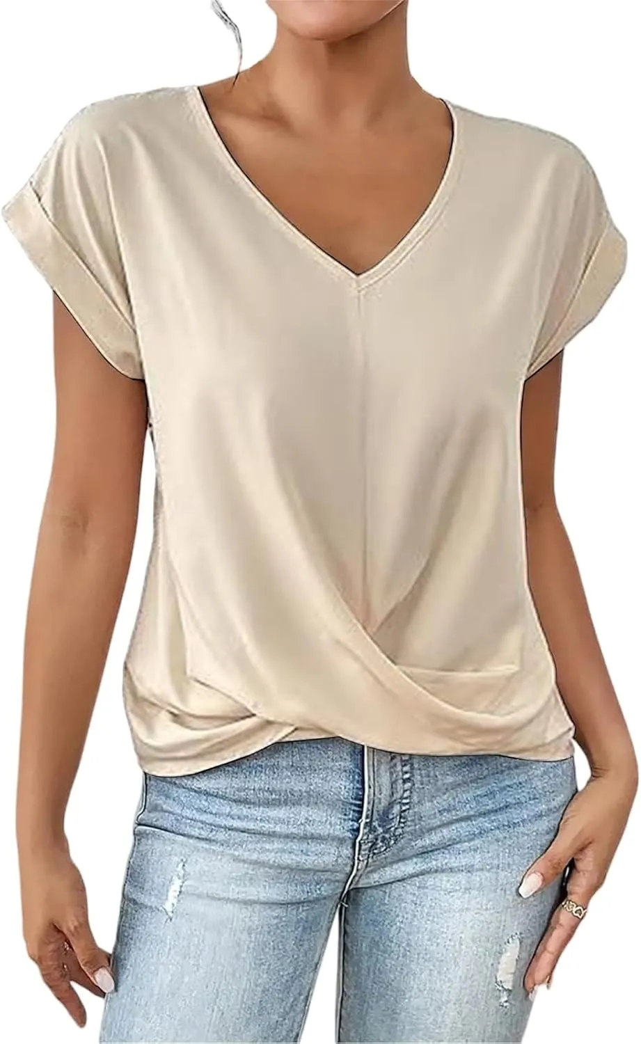 Womens Summer Tops Twist Front Short Sleeve Shirt V Neck Tees Tops Solid Casual Loose Tee Shirts Dolman Sleeve Shirts