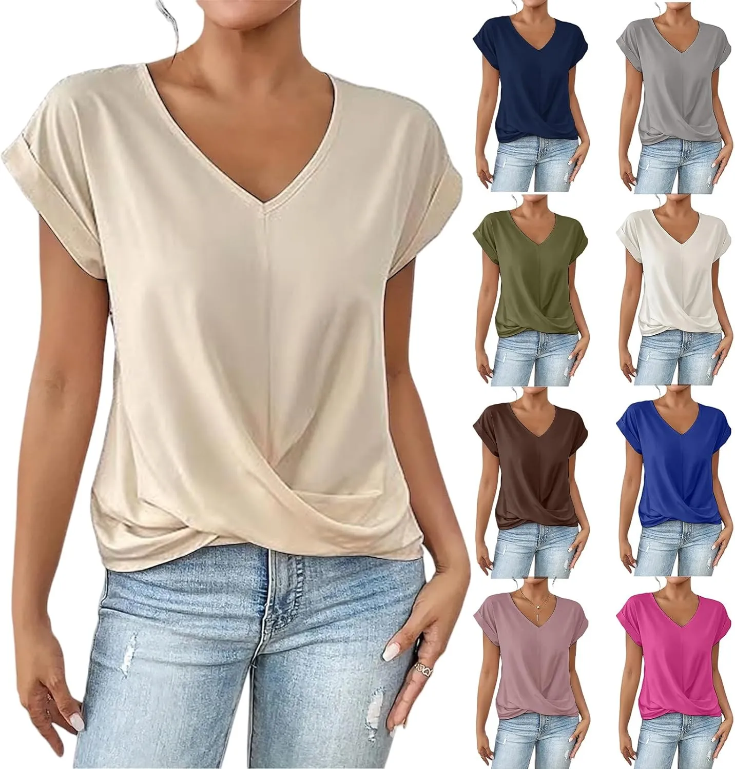 Womens Summer Tops Twist Front Short Sleeve Shirt V Neck Tees Tops Solid Casual Loose Tee Shirts Dolman Sleeve Shirts