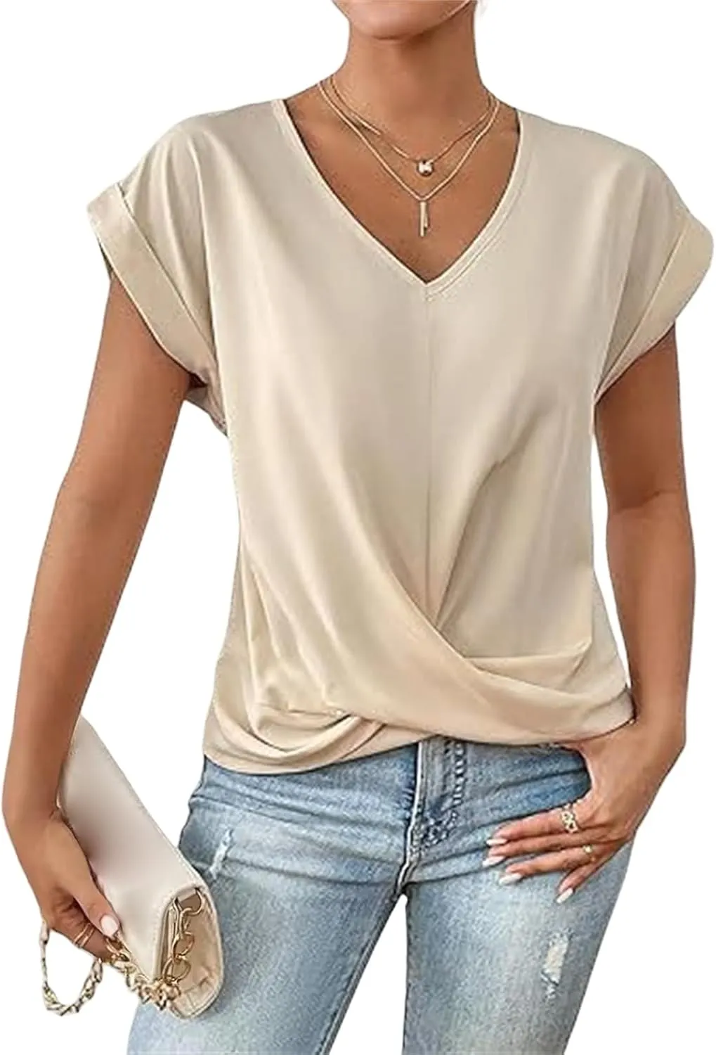 Womens Summer Tops Twist Front Short Sleeve Shirt V Neck Tees Tops Solid Casual Loose Tee Shirts Dolman Sleeve Shirts