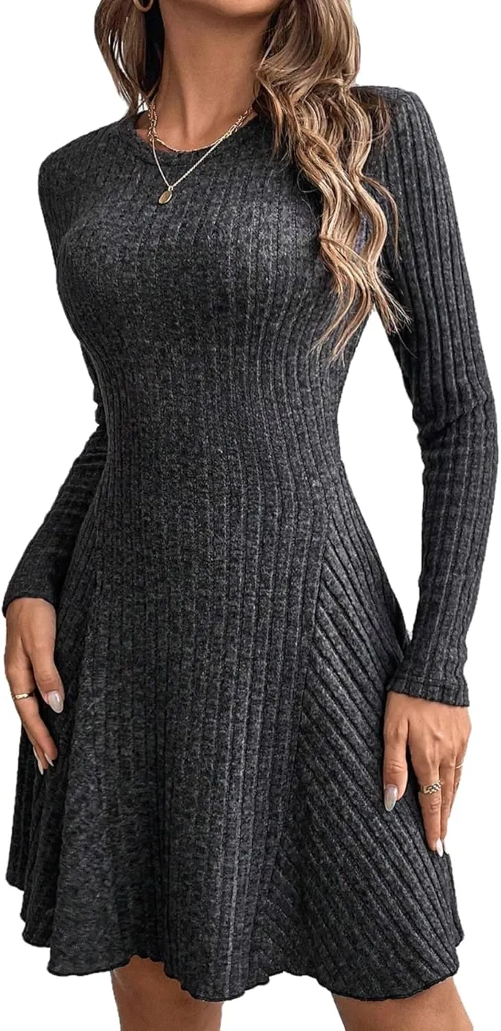 Women's Sweater A-line Dress V-Neck Knitted Ribbed Short Dress Long Sleeve Textured Dress Fall Winter Casual Work Dress