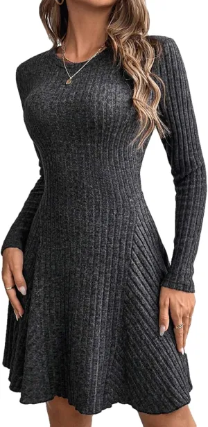 Women's Sweater A-line Dress V-Neck Knitted Ribbed Short Dress Long Sleeve Textured Dress Fall Winter Casual Work Dress