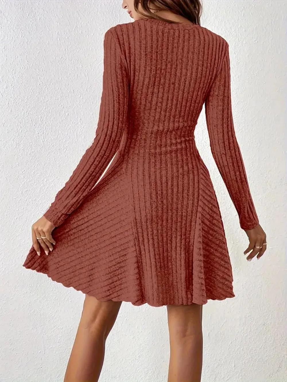 Women's Sweater A-line Dress V-Neck Knitted Ribbed Short Dress Long Sleeve Textured Dress Fall Winter Casual Work Dress