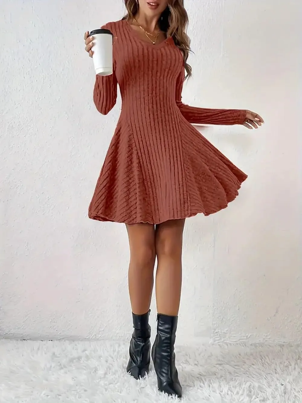 Women's Sweater A-line Dress V-Neck Knitted Ribbed Short Dress Long Sleeve Textured Dress Fall Winter Casual Work Dress
