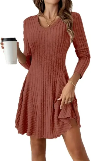 Women's Sweater A-line Dress V-Neck Knitted Ribbed Short Dress Long Sleeve Textured Dress Fall Winter Casual Work Dress