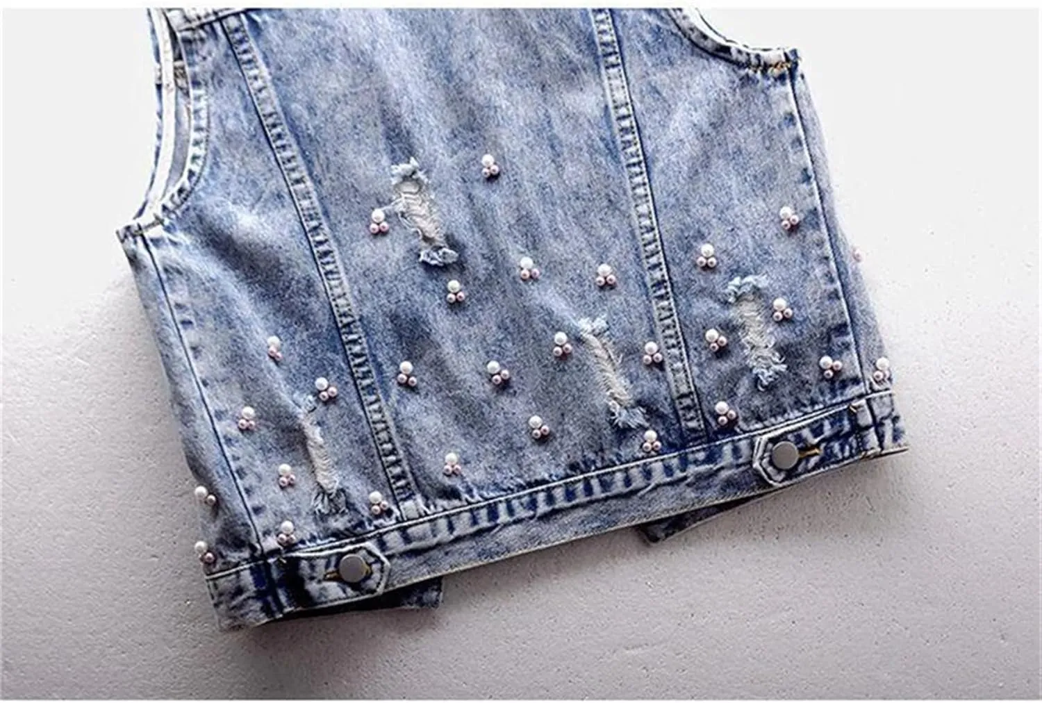 Women's Vest Slim Short Jacket Embroidered Flower Sleeveless Denim Vest Beaded Vest Ripped Denim Vest Jacket