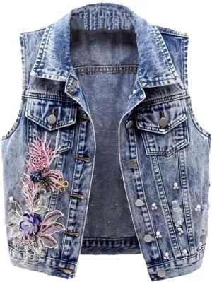 Women's Vest Slim Short Jacket Embroidered Flower Sleeveless Denim Vest Beaded Vest Ripped Denim Vest Jacket