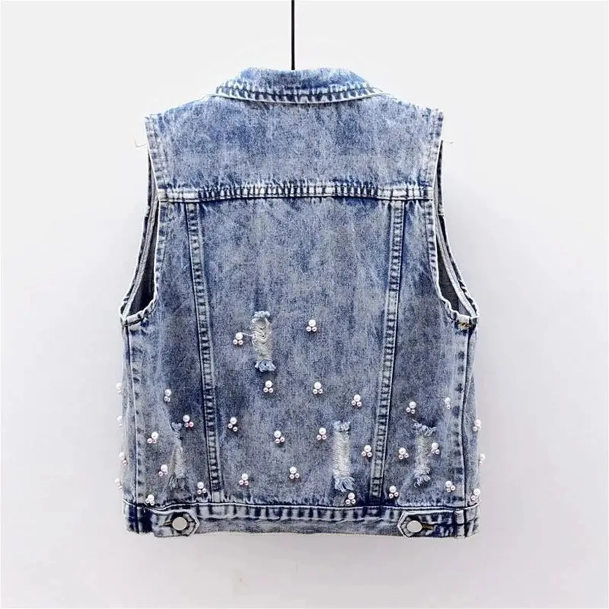 Women's Vest Slim Short Jacket Embroidered Flower Sleeveless Denim Vest Beaded Vest Ripped Denim Vest Jacket