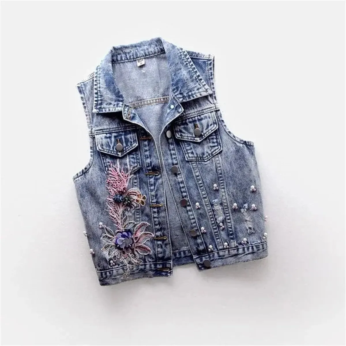 Women's Vest Slim Short Jacket Embroidered Flower Sleeveless Denim Vest Beaded Vest Ripped Denim Vest Jacket