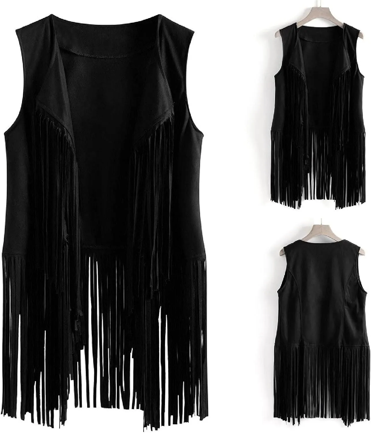Womens Vintage Western Fringe Vest Tops Classic Suede Leather 70s Cowboy Shirt Sleeveless Tassels Cardigan Jackets