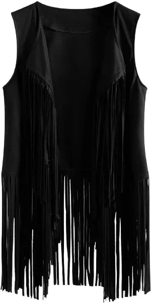 Womens Vintage Western Fringe Vest Tops Classic Suede Leather 70s Cowboy Shirt Sleeveless Tassels Cardigan Jackets