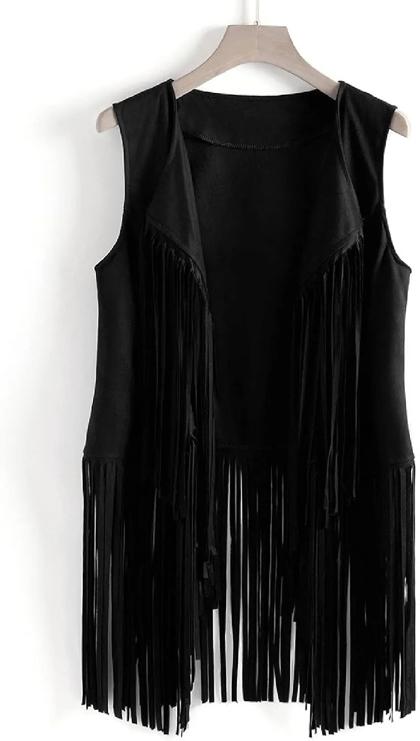 Womens Vintage Western Fringe Vest Tops Classic Suede Leather 70s Cowboy Shirt Sleeveless Tassels Cardigan Jackets