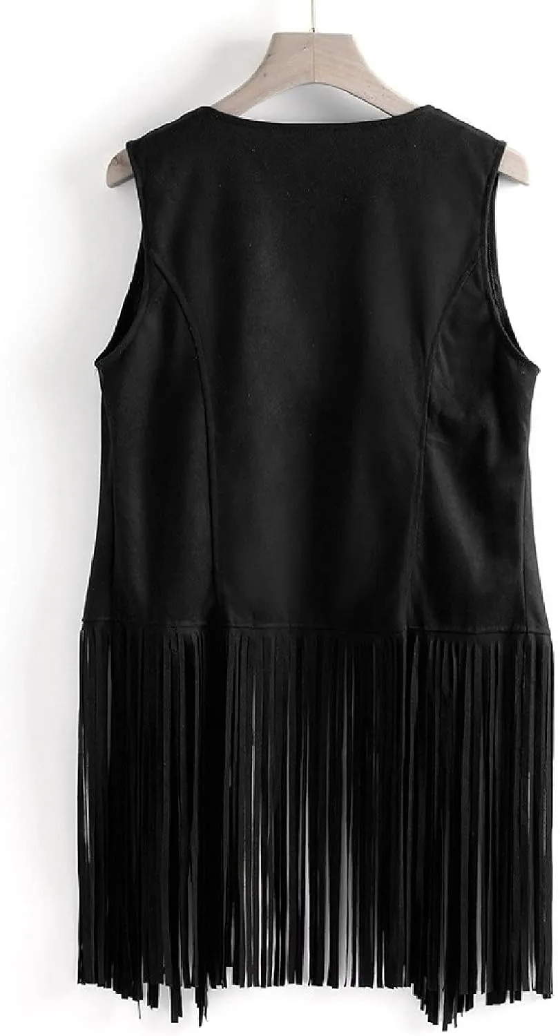 Womens Vintage Western Fringe Vest Tops Classic Suede Leather 70s Cowboy Shirt Sleeveless Tassels Cardigan Jackets