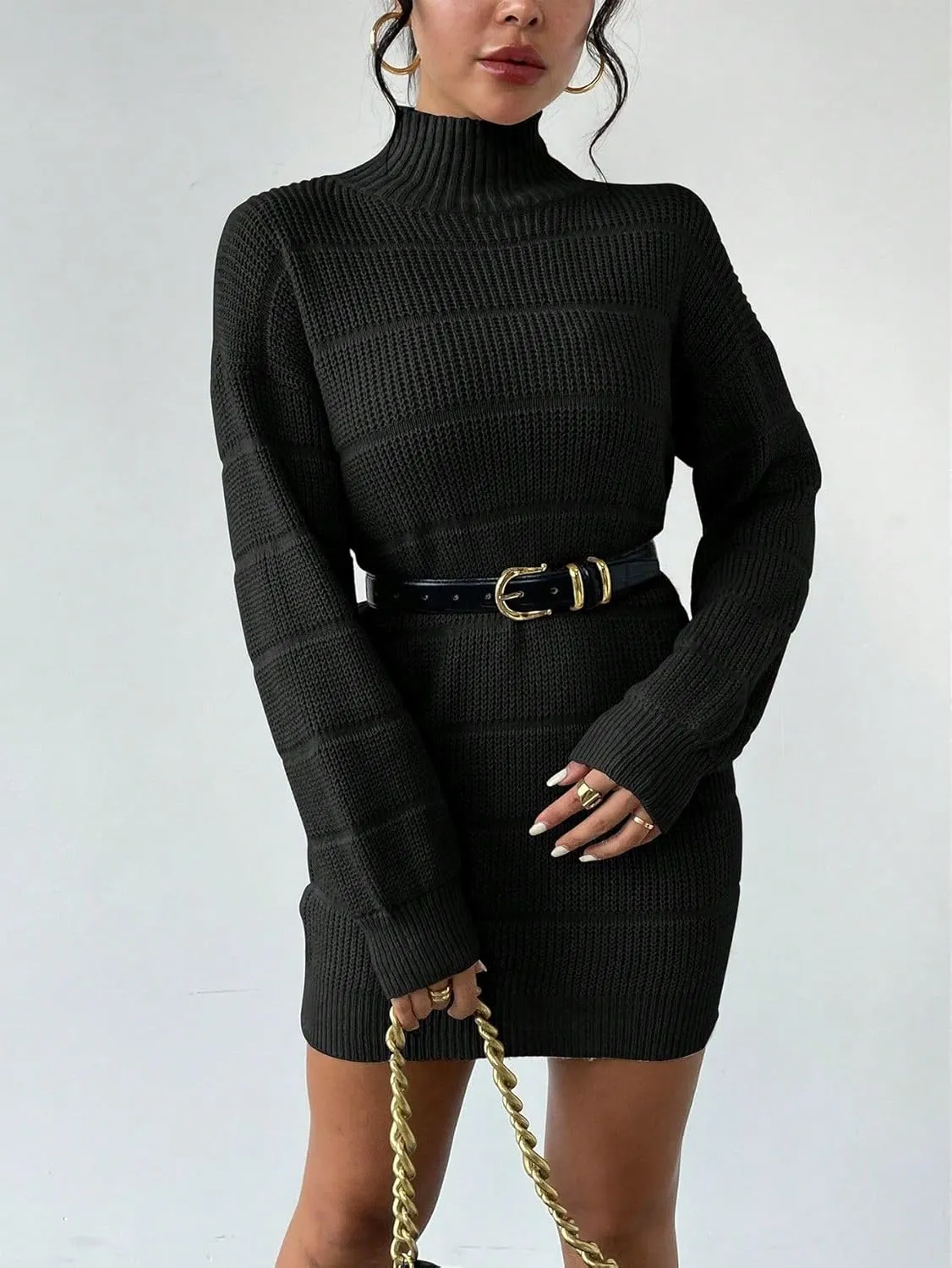 Women's Winter Sweater Dress Long Sleeve Turtleneck Chunky Knitwear Dress Pullover Bodycon Sweater Dress