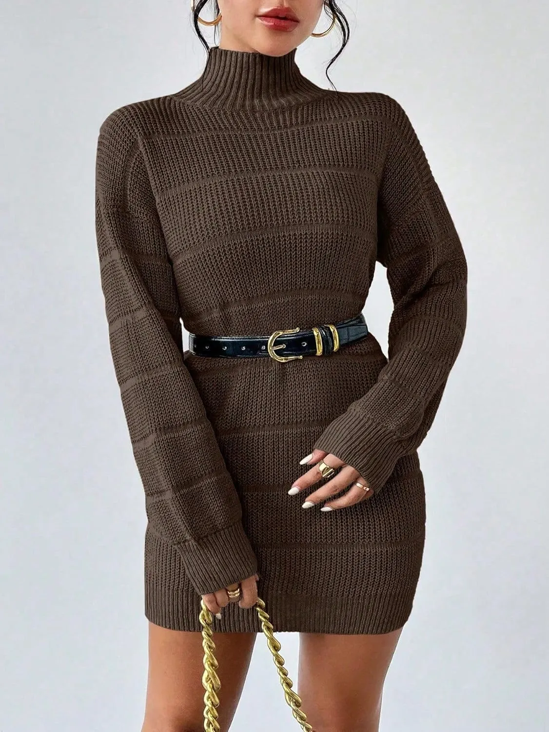 Women's Winter Sweater Dress Long Sleeve Turtleneck Chunky Knitwear Dress Pullover Bodycon Sweater Dress