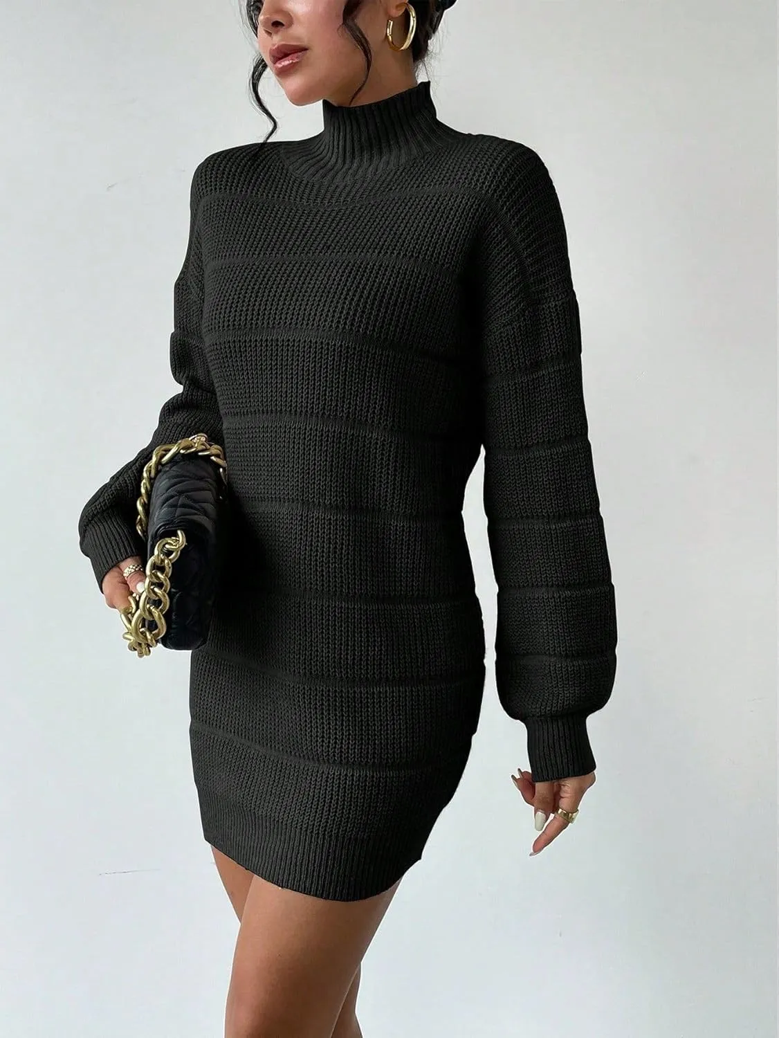 Women's Winter Sweater Dress Long Sleeve Turtleneck Chunky Knitwear Dress Pullover Bodycon Sweater Dress
