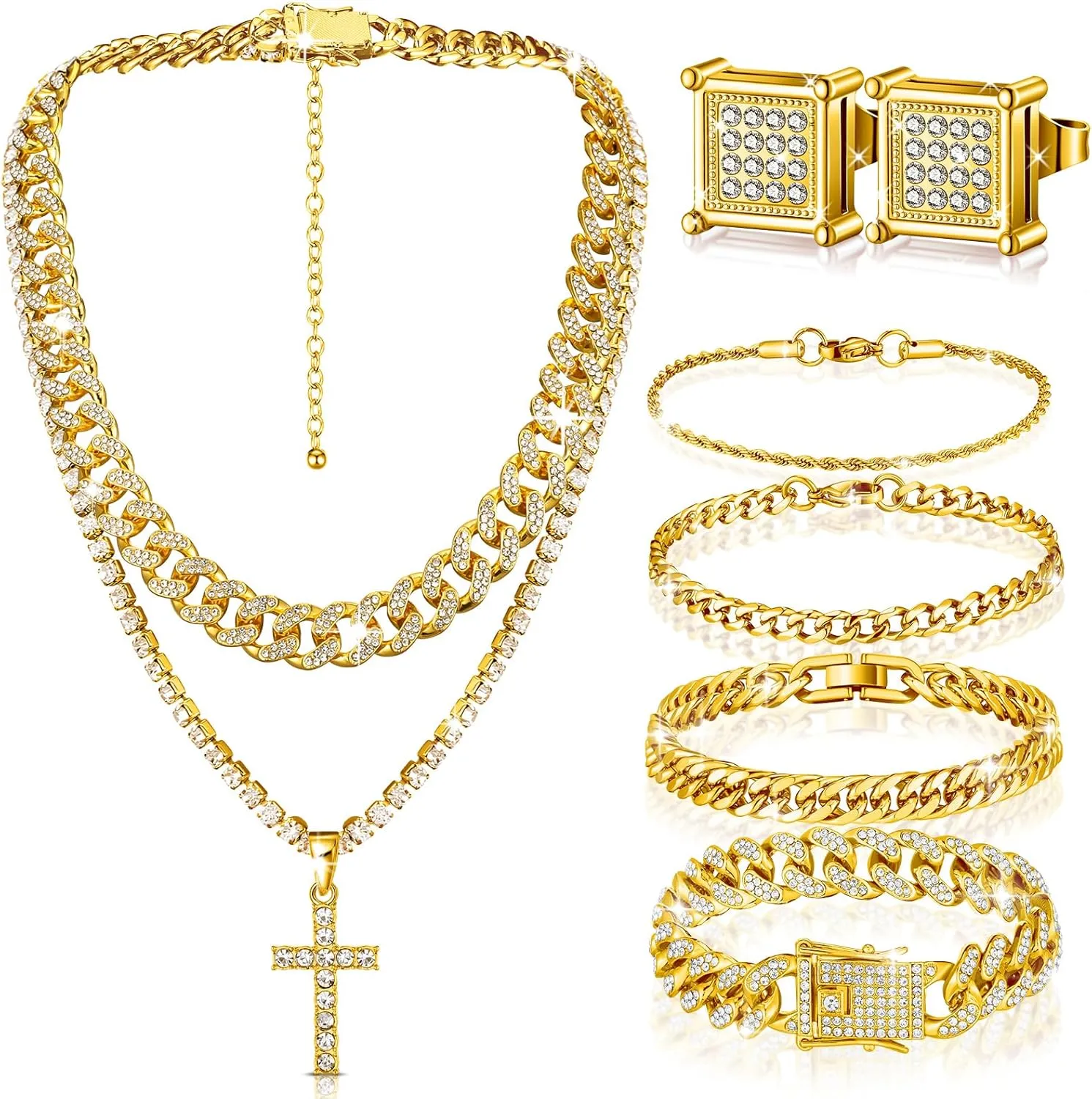 Yinkin 6 Pcs Hip Hop Jewelry Set for Men Rhinestone Link Chain Bracelet Earrings Tennis Diamond Jewelry Set for Men Gift