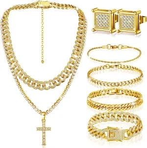 Yinkin 6 Pcs Hip Hop Jewelry Set for Men Rhinestone Link Chain Bracelet Earrings Tennis Diamond Jewelry Set for Men Gift