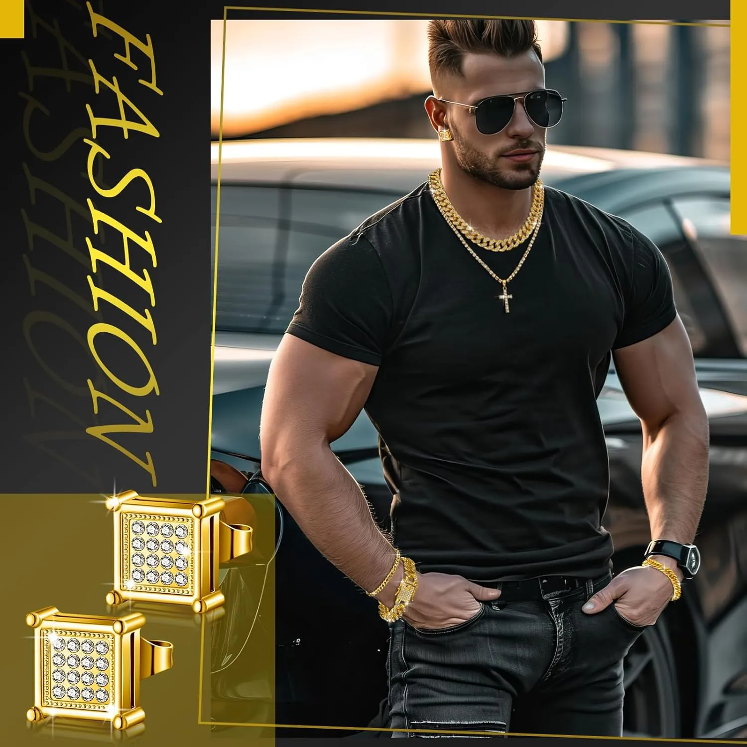 Yinkin 6 Pcs Hip Hop Jewelry Set for Men Rhinestone Link Chain Bracelet Earrings Tennis Diamond Jewelry Set for Men Gift