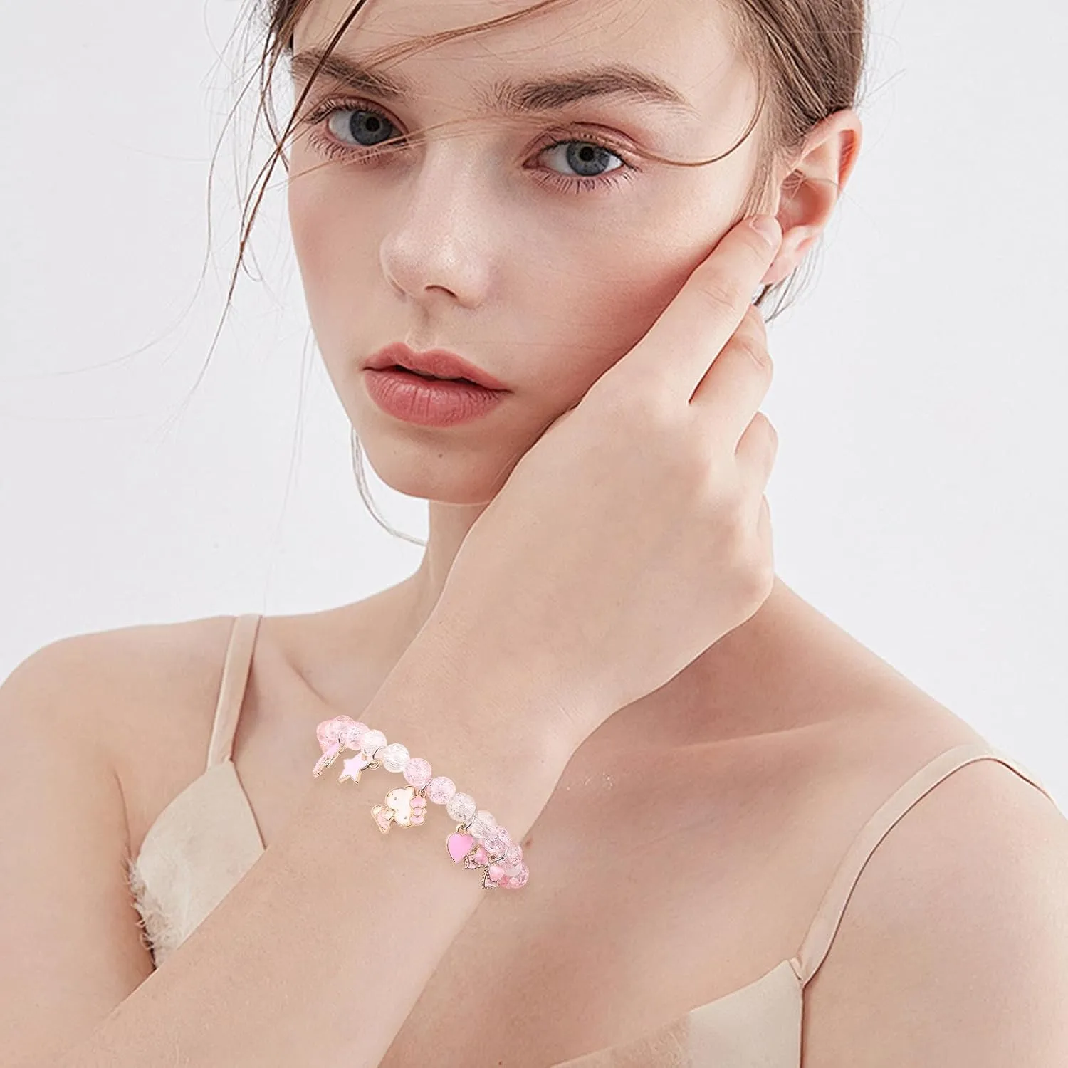 YUZHEJIE Kawaii Kitty Bracelet Stuff Matching Bracelets Set Cute Crystal Beads Cartoon Elastic Friendship Bracelets Jewelry Gifts for Women Girlfriend Best Friend Sister