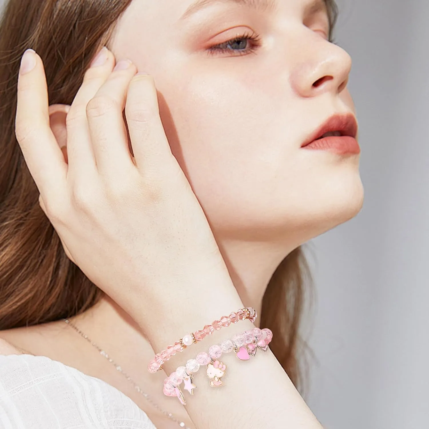 YUZHEJIE Kawaii Kitty Bracelet Stuff Matching Bracelets Set Cute Crystal Beads Cartoon Elastic Friendship Bracelets Jewelry Gifts for Women Girlfriend Best Friend Sister