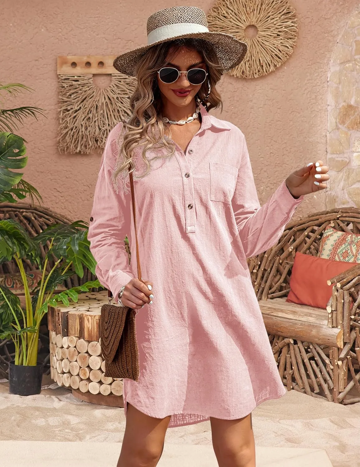 Zeagoo Women Summer Dress Cotton Linen Shirt Dress Button Down Tunic Dress Beach Cover Up Dress