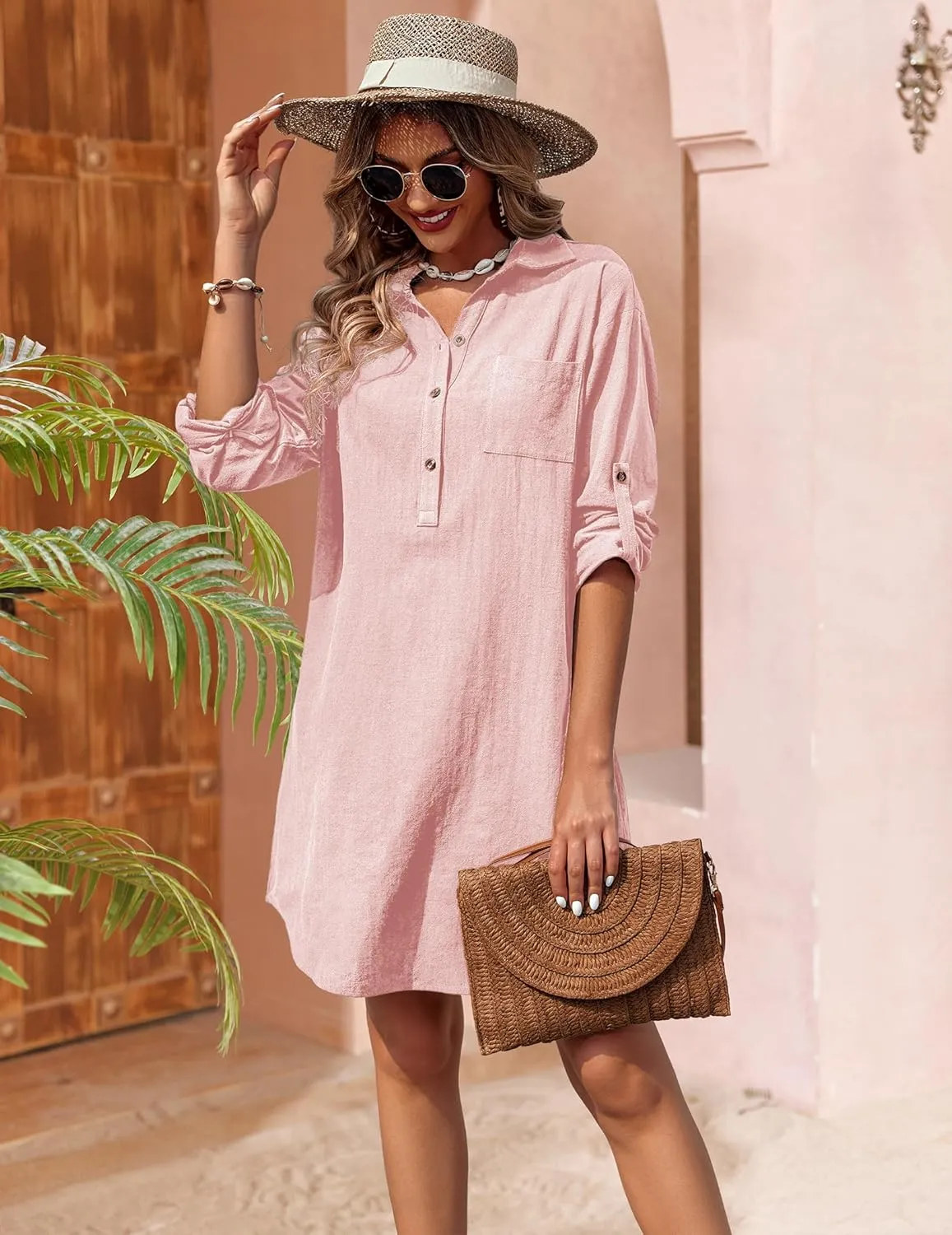 Zeagoo Women Summer Dress Cotton Linen Shirt Dress Button Down Tunic Dress Beach Cover Up Dress