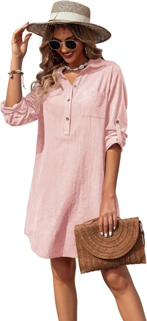 Zeagoo Women Summer Dress Cotton Linen Shirt Dress Button Down Tunic Dress Beach Cover Up Dress