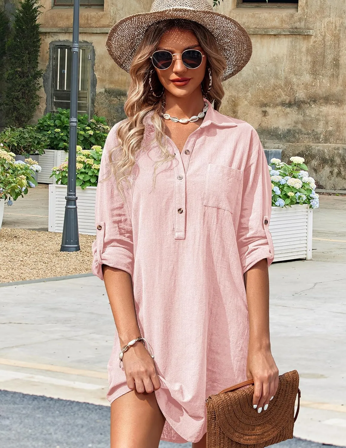 Zeagoo Women Summer Dress Cotton Linen Shirt Dress Button Down Tunic Dress Beach Cover Up Dress