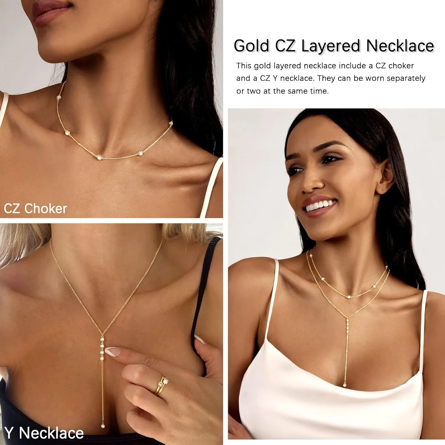 Zeffy Lariat Gold Necklace for Women, Dainty Long Necklace 14k Gold/Silver Plated Layered CZ Beaded Bar Chain Y-Shaped Body Chain Stack Drop Wedding Necklace Trendy Simple Gold Jewelry Gifts