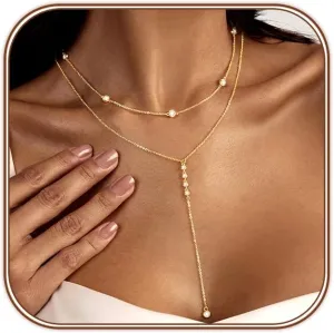 Zeffy Lariat Gold Necklace for Women, Dainty Long Necklace 14k Gold/Silver Plated Layered CZ Beaded Bar Chain Y-Shaped Body Chain Stack Drop Wedding Necklace Trendy Simple Gold Jewelry Gifts